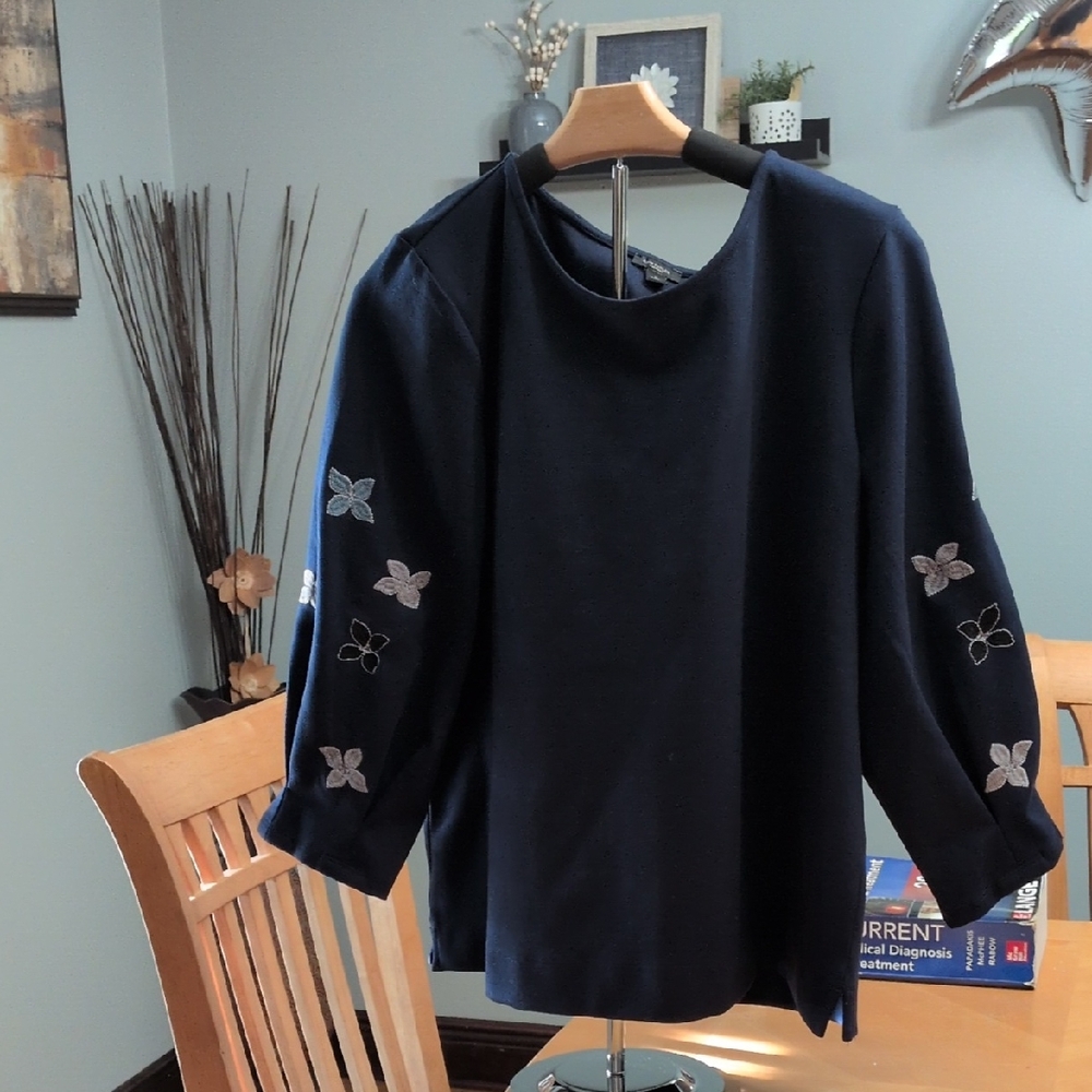 Ann Taylor Midnight Blue Blouse with Floral Embroidery